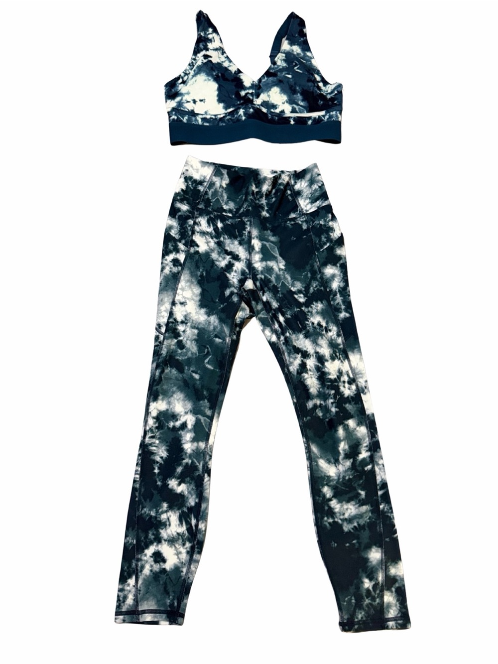 Fabletics Blue & White Tie-Dye High-Rise Leggings with Matching Bralette